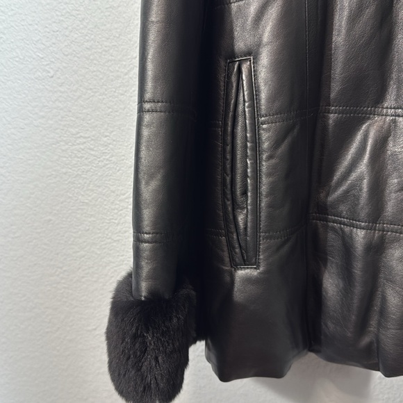 Women's Black Leather Jacket with Rabbit Fur Trim - Picture 3 of 8